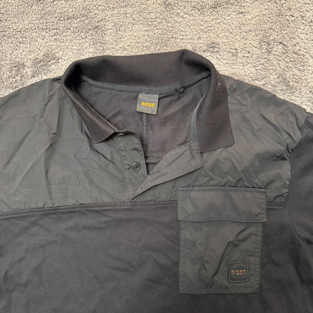 Hugo Boss Mens Black Mixed Media Technical Pocket Polo Shirt Large